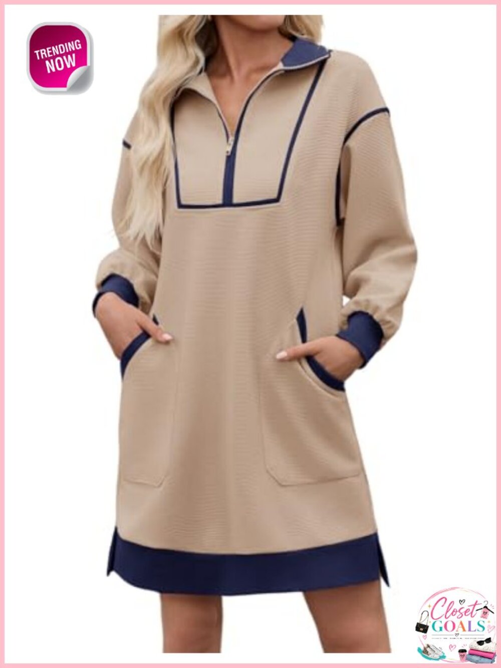 Wenrine Womens Half Zip Sweatshirt Dress Mini Contrast Side Slit